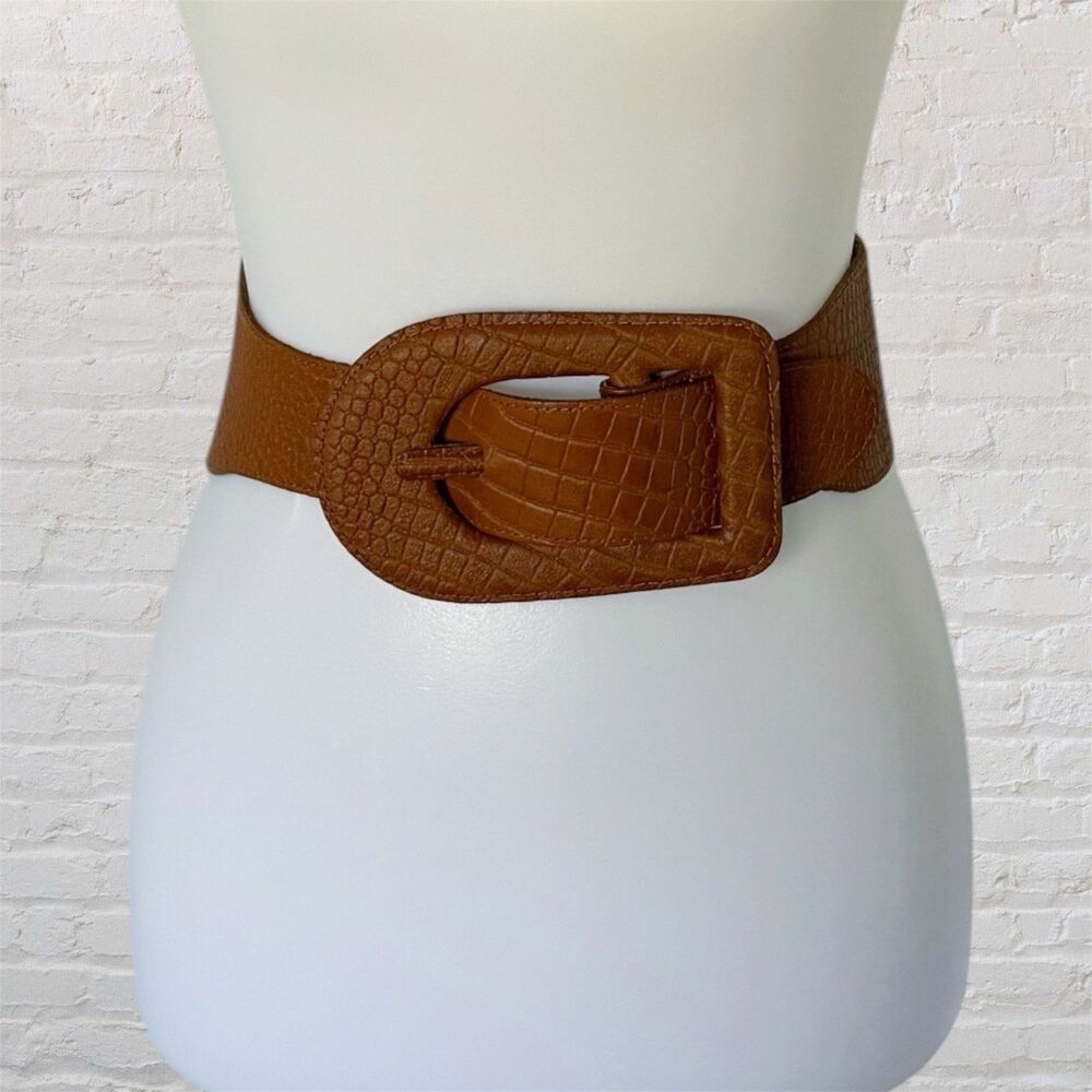 Vtg Express Genuine Leather Croc Embossed Wide Waist Belt Brown Boho Size S